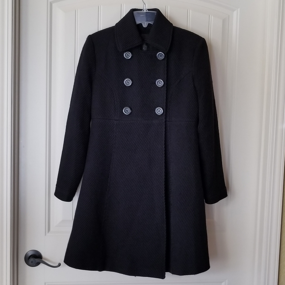 Wool Double Breasted Ribbed Black Wool Pea Coat